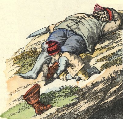 Az alvó ogre elől 7 helyről lopja el a csizmát a kis tasak. Illusztráció Charles Perrault „Le Petit Poucet” című meséjéhez alkotó: Unknown artist