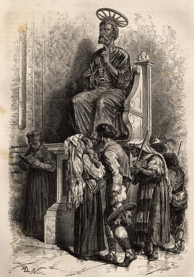 A vatikáni Szent Péter-bazilikába belépő katolikus pelerinek tiszteletének tárgya, a bronz Szent Péter-szobor alsó lába. Metszet Ludovic Celler történetének illusztrálására: la semaine sainte à Rome, en 1863, „Le tour du monde, nou alkotó: Unknown artist