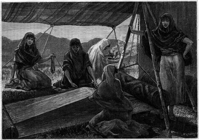 Perzsia nomád nők szőnyeggyártása. Metszet a „La jeunesse” folyóiratban alkotó: Unknown artist