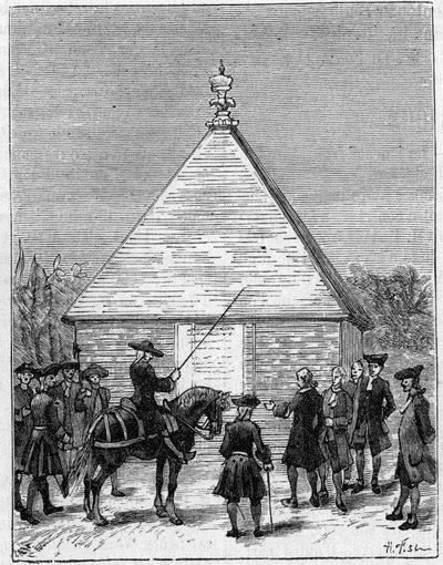 Az ecuadori fok mértéke a 18. században: a perui Carabourou piramisa, amelyet La Condamine emelt 1736-ban. Metszet a „” La Nature-be: revue des sciences et de leurs applications aux arts et a l