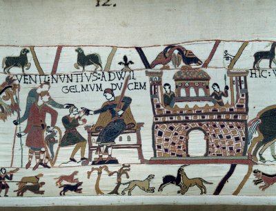 Hódító Vilmos normandiai király hírnökei (1027-1087) közölték vele, hogy Haroldot, aki Edward, gyóntató angol király megbízásából Angliából érkezett, Guy de Ponthieu gróf fogságba esett a bayeux-i kárpit vagy embléma részletéről. alkotó: Unknown artist