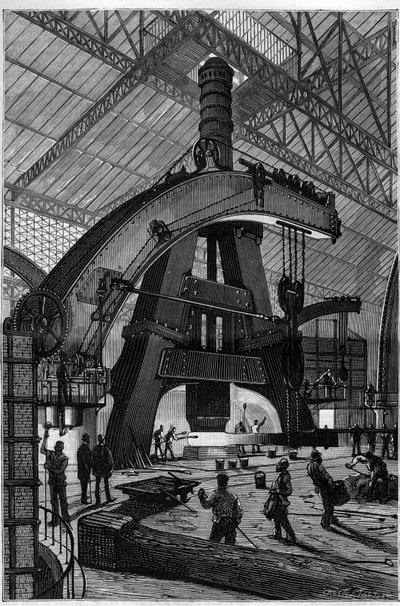 A fémipar: a Forge. A Creusot gőzkalapács (dobos kalapács) a Schneider és a Compagnie gyáraiban telepítve. Metszet a "" La Nature"-be alkotó: Unknown artist