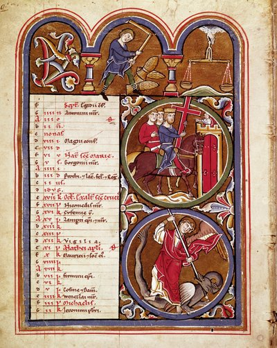 Szeptember hónap, mezőgazdasági munkák (aratások, búzacséplés virággal), a kereszt felmagasztalásának ünnepe, Szent György sárkány legyőzése Kéziratlap „” Szent Erzsébet zsoltárából””” XIII. Cividale, Mus alkotó: Unknown artist