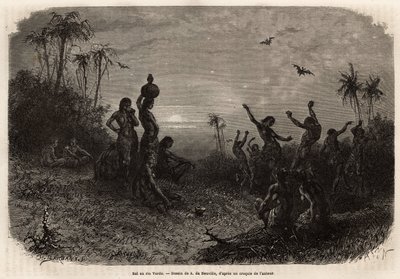 A holdfény bál, amely egy Rio Verde-i (Brazília) indiai fiatalember 18 éves jubileumi ceremóniáját és esküvőjét zárja. Dr. Saffray 1869-es metszete az új-granadai utazás szemléltetésére, megjelent a "" Le tour du monde"" 1873-ban, szerkesztette: alkotó: Unknown artist
