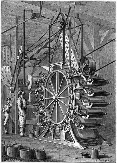 Az új tapétanyomó gép.. Gravírozás az illusztris „La jeunesse” folyóiratban alkotó: Unknown artist