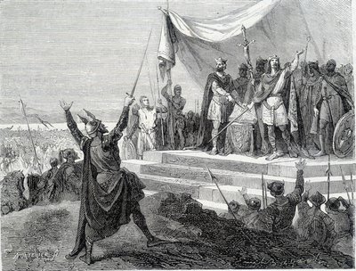 A két testvér esküje páncéljuk előtt: II. Kopasz Károly és II. Germán Lajos esküt tesz I. Lothaire ellen (Strasbourg-i eskü 842). századi metszet. alkotó: Unknown artist