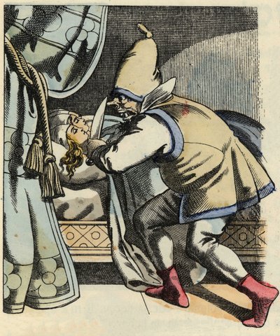 Az ogre fejét vágja hét lányának, akik azon gondolkoznak, hogy megöli a Kis Poulet-t és testvéreit. Illusztráció Charles Perrault „Le Petite Poucet” című meséjéhez alkotó: Unknown artist