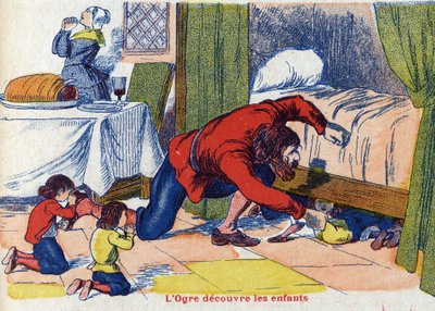 Az ogre felfedezi a gyerekeket. Illusztráció: Charles Perrault (1628-1703) francia író „Le Pepetit poucet” című meséje. Névtelen illusztráció. Képek Marcel Vagne, Jarville Nancy, dátum nélküli (19. század vége). alkotó: Unknown artist