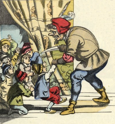 Az ogre elvesz egy gyereket azzal a szándékkal, hogy felfalja. Illusztráció Charles Perrault „Le Pepetit Poucet” című meséjéhez alkotó: Unknown artist