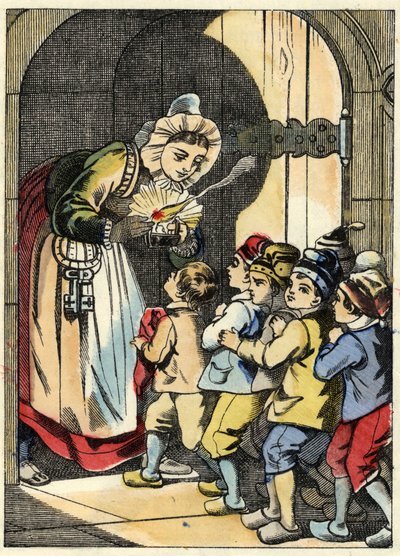 Az ogre felesége kinyitja az ajtót a Kis Poucetnek és testvéreinek. Illusztráció Charles Perrault „Le Pepetit Poucet” című meséjéhez alkotó: Unknown artist