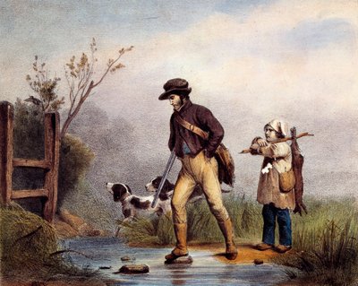 Az átjáróban a vadászok gyalog kelnek át egy vízfolyáson. századi Gien litográfiája, vadászati múzeum alkotó: Unknown artist