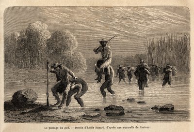 A gue átjárója, a Siriniris indiánok spontán javaslatot tesznek az expedíció tagjainak vállukra, hogy átkeljenek a Basiri-hegy (Peru) lábánál kialakult tavakon. Engravure pour illustrrer le voyage dans les vall alkotó: Unknown artist
