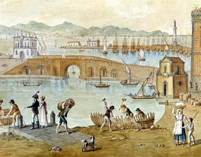 Nápoly kikötője és Santa Lucia 1800 körül: az utazók indulni készülnek, az asztalosok pedig hajót építenek. Vízfestmény. alkotó: Unknown artist