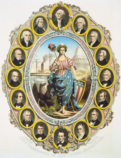 Az Egyesült Államok elnökei Amerika szimbólumával a közepén. Fel, Washington és le Abraham Lincoln. A plakát Lincoln elnökségének 1861-es beiktatásán jelent meg. Metszet 1861. alkotó: Unknown artist