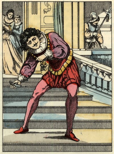 A herceg felveszi Hamupipőke üvegcipőjét. Illusztráció Charles Perrault „Hamupipőke vagy La petite slipper de verre” című meséjéről alkotó: Unknown artist