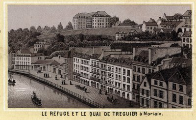 Treguier menedékhelye és rakpartja Morlaix-ban (Finistere, Bretagne régió). A 19. század végének kromolitográfiája. alkotó: Unknown artist