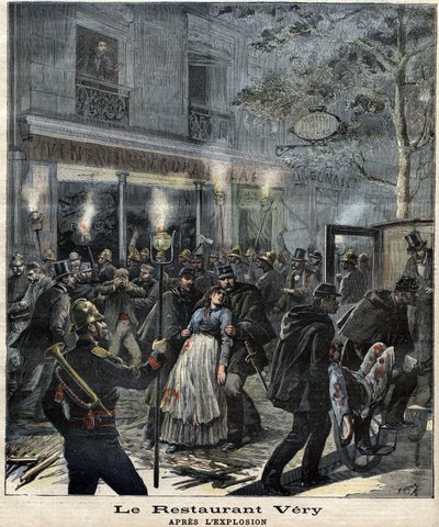 A Very étterem (24. Boulevard Magenta Párizsban) az anarchista, Francois Koenigstein dit Ravachol (1859-1892) 1892. március 30-i támadása által okozott robbanás után. A „” The Petity Journal” alkotó: Unknown artist