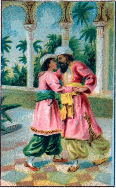 A herceg visszatérése. Mese „” Az elvarázsolt ló története””” az „Az ezeregy éjszaka””-ban (az 1001 éjszaka vagy Le mille e una notte, Arab éjszakák). A 19. század végének kromolitográfiája. alkotó: Unknown artist