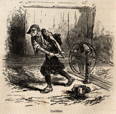 A kötélkészítő. Aime Humbert, a Svájci Államszövetség minisztere, a „Le tour du monde, nouveau Journal des voyages” című 1863–1864-es japán utazást illusztráló metszete Edouard Charton irányítása alatt jelent meg. alkotó: Unknown artist