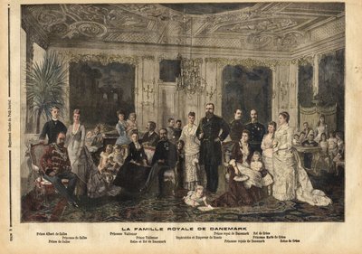 A középen ülő dán királyi család, Lujza hessen-kasseli királynő (1817-1898) és IX. Keresztény dán király (1818-1906) „Európa jóképű atyjának” becézték, mert több gyermekét örökösökhöz adta feleségül. a nagy királyi f alkotó: Unknown artist
