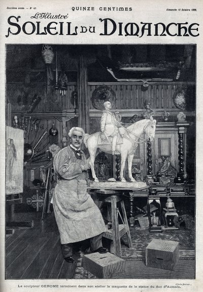 Jean Leon (Jean-Leon) Gerome (1824-1904) szobrászművész műtermében elkészíti Aumale hercege szobrának makettjét – Metszet a „Le sun-du-dimanche”-ban, október 15. alkotó: Unknown artist