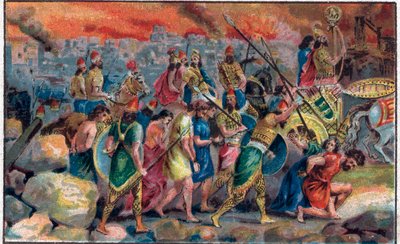 Jeruzsálem városának ostroma Babilon királya által II. Nabukodonozor (v. 630-i. e. 562) Kr.e. 586-ban, valamint Jeruzsálem városának és templomának lerombolása. A 19. század végének kromolitográfiája. alkotó: Unknown artist