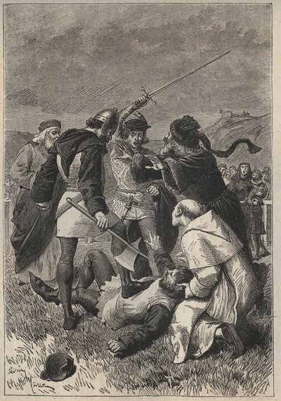Rothsay rágalmazása – 19. századi illusztráció Walter Scott (1771-1832) „A perthi csinos lány vagy a Valentin-nap (vagy a perthi szép szobalány)” című történelmi regényéhez alkotó: Unknown artist