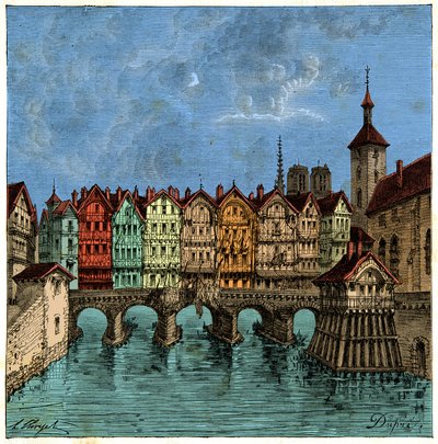 A kis híd, amely később a Pont au Change volt Párizsban a középkorban, Metszet XIX alkotó: Unknown artist