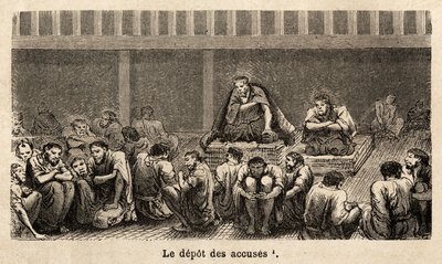 Az igazságszolgáltatás szakaszai: a vádak raktárában, amelyek mindegyike ugyanabban a cellában gyűjti össze a pele mele-t, gyakran hosszú ideig, a vádlottak nagyobb kényelmet kaphatnak, például két rab kapott olyan szőnyeget, amely lehetővé teszi számukra, alkotó: Unknown artist