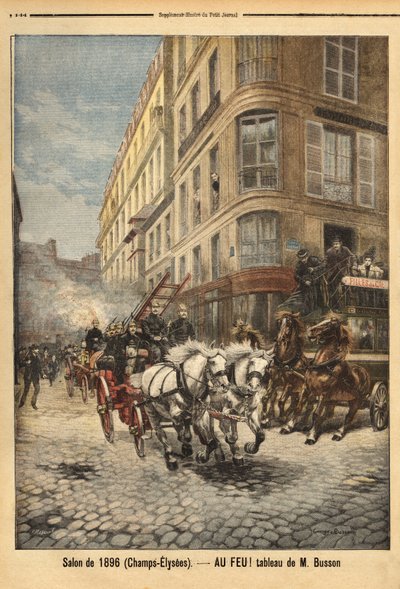 A párizsi tűzoltók gőzszivattyúja és járművei Busson úr festménye szerint. Metszet a „” Le petit journal”-ban 1896.03.05. Selva gyűjteménye. alkotó: Unknown artist