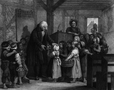 Egy osztály diákjai összejönnek, hogy virágot adjanak iskolai tanáruknak a születésnapján. századi metszet alkotó: Unknown artist
