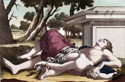 Pyramus (Pirame) öngyilkossága a murier alatt és Thisbe halála. Pyramus meg volt győződve arról, hogy az oroszlán felfalta Thisbét, és a vérével beborította a fehér erkölcsöt. Thisbe, aki elbújt, hogy elmeneküljön az oroszlán elől, szerelmét holtan találja alkotó: Unknown artist