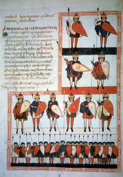 Az apokalipszis tíz királya lándzsák és pajzsok fegyverei csapataikkal. Miniatűr a „Beatus de Liebana, Kommentár az apokalipszishez” című filmben (Folio 193), Stephanus Garcia alkotó: Unknown artist