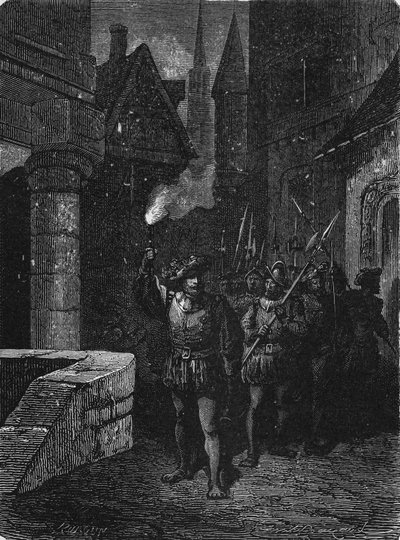 A fáklyás karóra Párizs utcáin a 17. században. In” Album de la Science”, Éditions Jouvet alkotó: Unknown artist