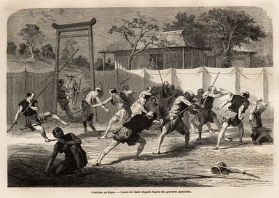 Japán harcosok kiképzése kard- és lándzsaharcban, egyfajta arénában, amelyet kifeszített vászon vesz körül. Aime Humbert, a Svájci Államszövetség miniszterének 1863–1864-es japán utazását illusztráló metszet a „Le tour du monde, nouveau” című könyvében alkotó: Unknown artist