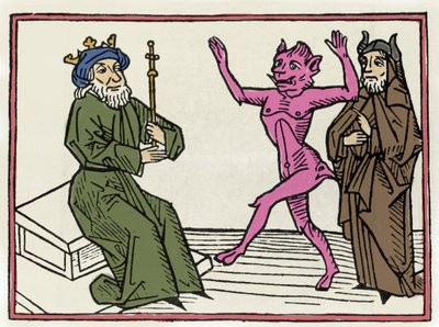 Belial tárgyalása: "" A démon Belial táncol Salamon bíró előtt"" Metszet a "Béliál tárgyalása" című könyvéből, Jacobus de Teramo (vagy Palladino), Ausburg alkotó: Unknown artist