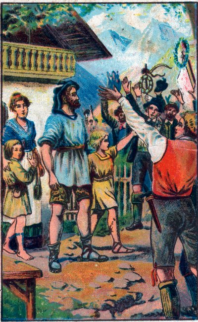Confedere tisztelgése Guillaume Tell (William Tell) (Svájc függetlenségének legendás hőse) előtt A 19. század végének kromolitográfiája. alkotó: Unknown artist