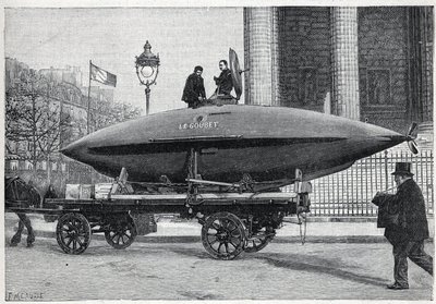 A kísérletekhez szállított „Le Goubet” víz alatti hajó (tengeralattjáró) a párizsi Place de la Madeleine mellett halad el. Metszet a "" La Nature"-be alkotó: Unknown artist