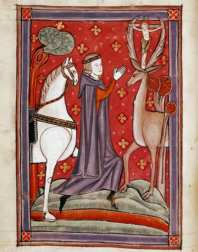 Szent Eustacius látomása Szent Eustachius erdei között keresztre feszítő Krisztus-képét viselő szarvassal néz szembe. Miniatűr egy 13. századi kéziratból. Biblioteca Marciana, Velence alkotó: Unknown artist