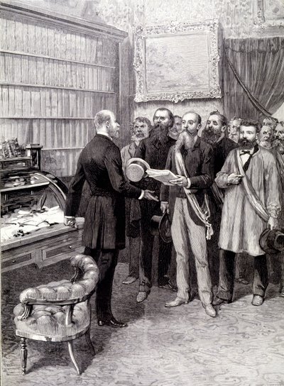 A munkásküldöttek látogatása a Palais Bourbonban (Jules Guesde, Ferroul úr, Baudin úr és Thivrier úr) az elnökség főtitkáránál: Martin úrnál a május 1-i tüntetés során alkotó: Unknown artist