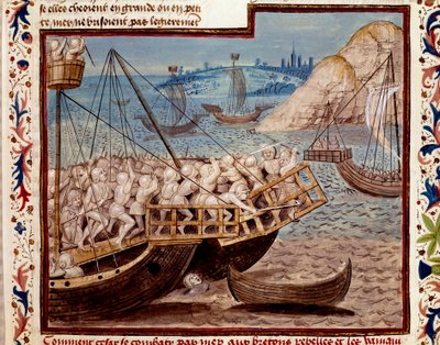 A gallok háborúja: "" Jules Cesar csapatainak parlagolása és a bretonok feletti győzelem""" Miniatűr a "" A rómaiak tényei"-ből (vagy a rómaiak Li Fetjéből), Saluste összeállítása valamint Suetoine és Lucan. 1480 (1055 ms, 54. fol alkotó: Unknown artist