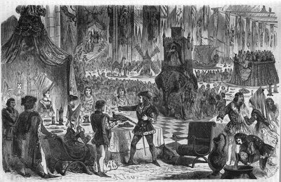 A fácán kívánsága. Fülöp III. Le Bon, Burgundia hercege (1396-1467) 1454. február 17-én csatlakozott a konstantinápolyi császárhoz egy bankettre a Salle de Lille szállodában. századi metszet. alkotó: Unknown artist