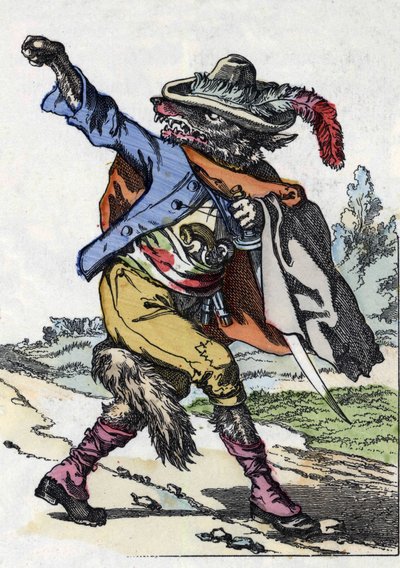 A farkas. A „Compere le Loup, Maitre Renard, Comere la Chevre et ses petits biquets” című mese illusztrációja Jean de la Fontaine meséje után. A „” Mesék otthonról a kicsiknek” c. századi névtelen metszet. alkotó: Unknown artist