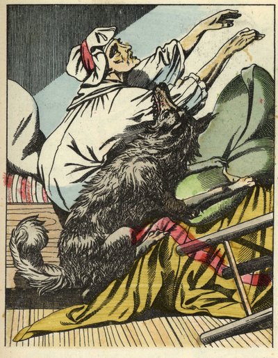 A farkas megveri Piroska nagymamáját. Illusztráció Charles Perrault „A Piroska” című meséjéről alkotó: Unknown artist