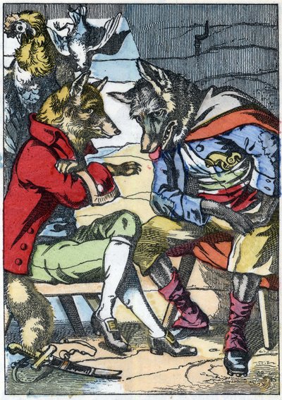 A farkas ismét találkozik a rókával. A „Compere le Loup, Maitre Renard, Comere la Chevre et ses petits biquets” című mese illusztrációja Jean de la Fontaine meséje után. A „” Mesék otthonról a kicsiknek” c. századi névtelen metszet. alkotó: Unknown artist