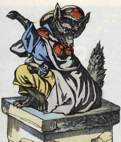 A farkas a kéményen ül. A „Compere le Loup, Maitre Renard, Comere la Chevre et ses petits biquets” című mese illusztrációja Jean de la Fontaine meséje után. A „” Mesék otthonról a kicsiknek” c. századi névtelen metszet. alkotó: Unknown artist