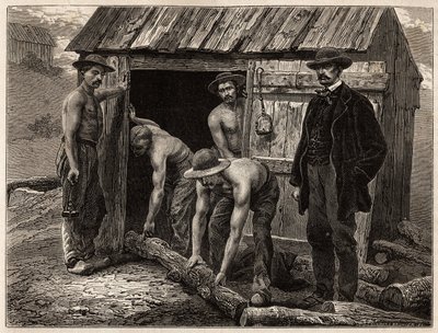 A montchanini bánya famunkásai ferde kútba dobják őket; jelmezben a bánya főmérnöke felügyeli a manővereket. Metszet a Creusot-ba, valamint Saone és Loire bányáiba tett utazás szemléltetésére 1865-ben, L. Simonintól, a „” Le alkotó: Unknown artist