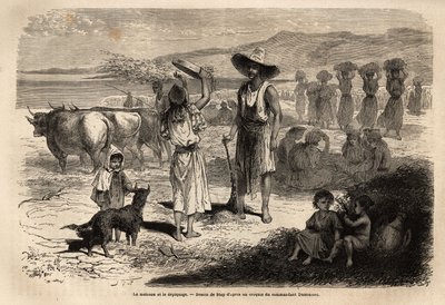 A búza betakarításának, betakarításának és szedésének munkája Djurjura-ban (Algéria); körben ülő nők kerek kalapáccsal ütik az episzt, mások nagy szitával szélbe dobják a szalmát és a gabonát, majd a talaj felsöprése lehetővé teszi a gabona visszanyerését. alkotó: Unknown artist