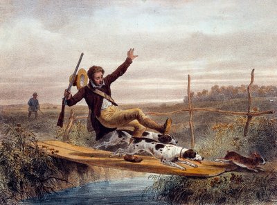 Rossz lépés. Egy vadász leesik egy kis hídról, nyulat futtató kutyák lökdösik. századi metszet. Gien, Vadászati Múzeum alkotó: Unknown artist