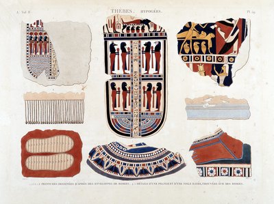 Théba, Hypogees: 1.2.3.6.7.8. festmények múmiaborítékokból 4.5. Részletek egy rojtról és egy csíkos vászonról, múmiákon találva - „Egyiptom leírása” című részben” 1809, Antiquite vol 2 pl 112 alkotó: Unknown artist
